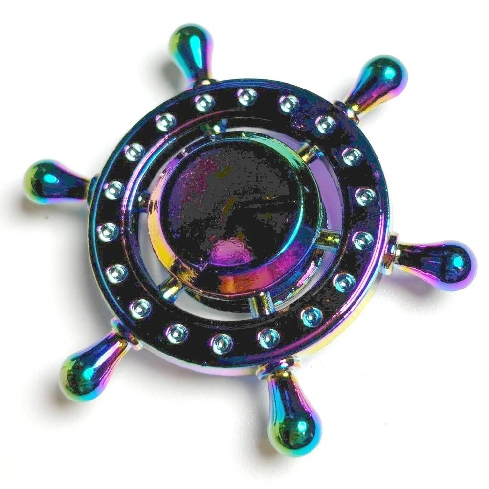 Metallic Rainbow Metal Ship Wheel Fidget Spinner Nautical Helm Oil Slick EDC Toy